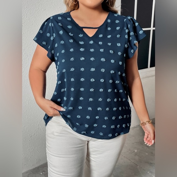 Plus Size Swiss Dot V-Neck Flutter Sleeve Tee Peacock Blue - Picture 1 of 6